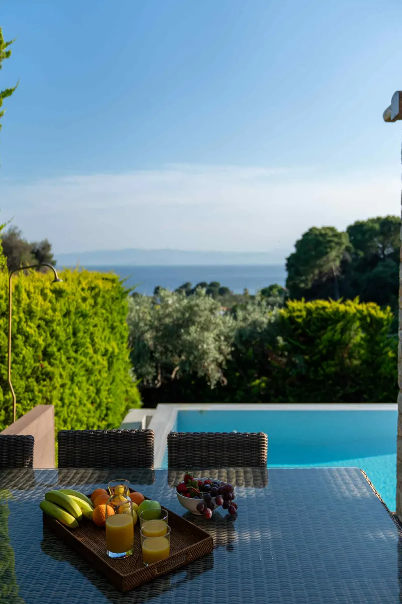 Classic Style Villa: the pool and a breakfast tray, with the sea beyond