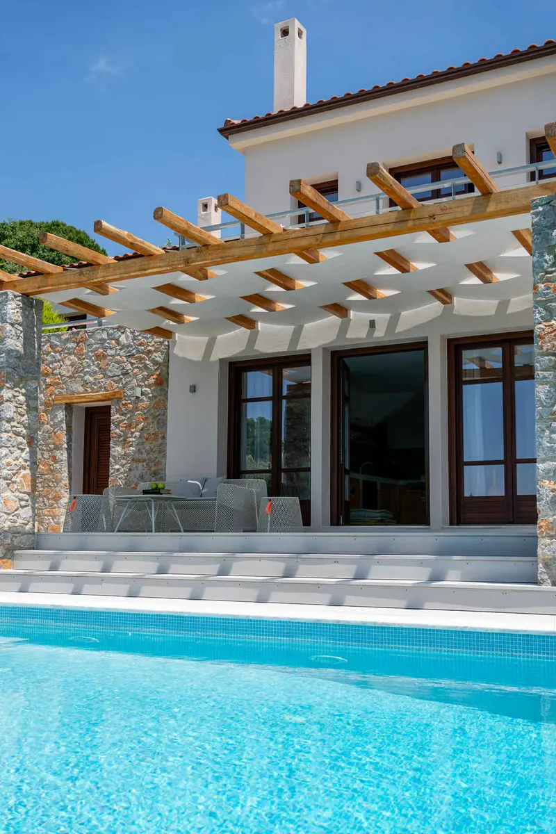 Modern Style Villa: the house and its pool under a blue sky