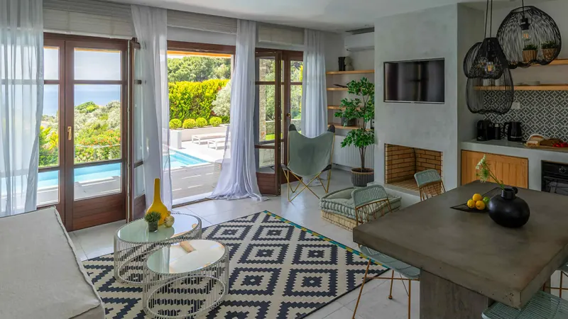 Modern Style Villa: the living room with a patterned rug